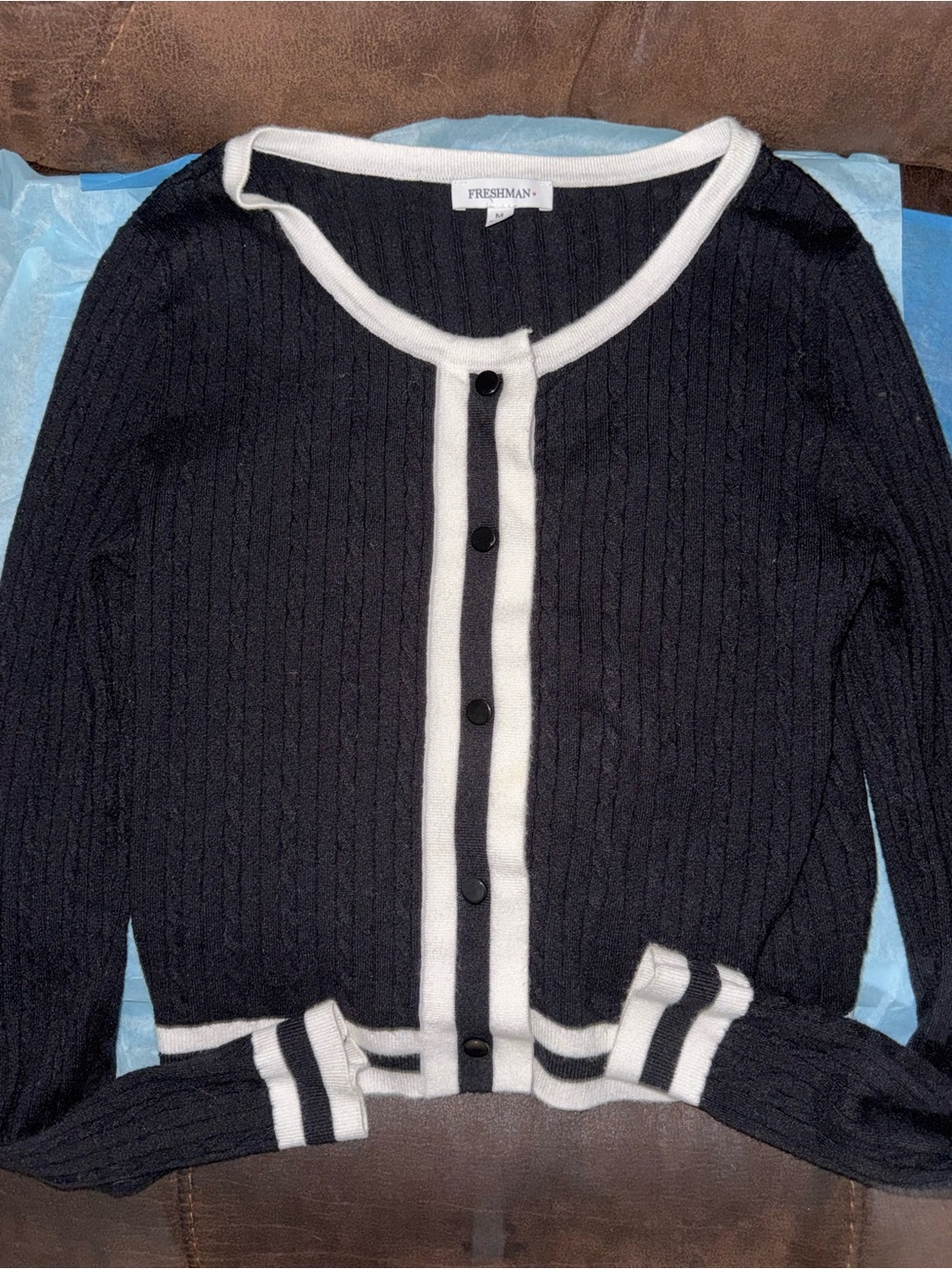 Freshman Black & White Ribbed Button-Up Sweater